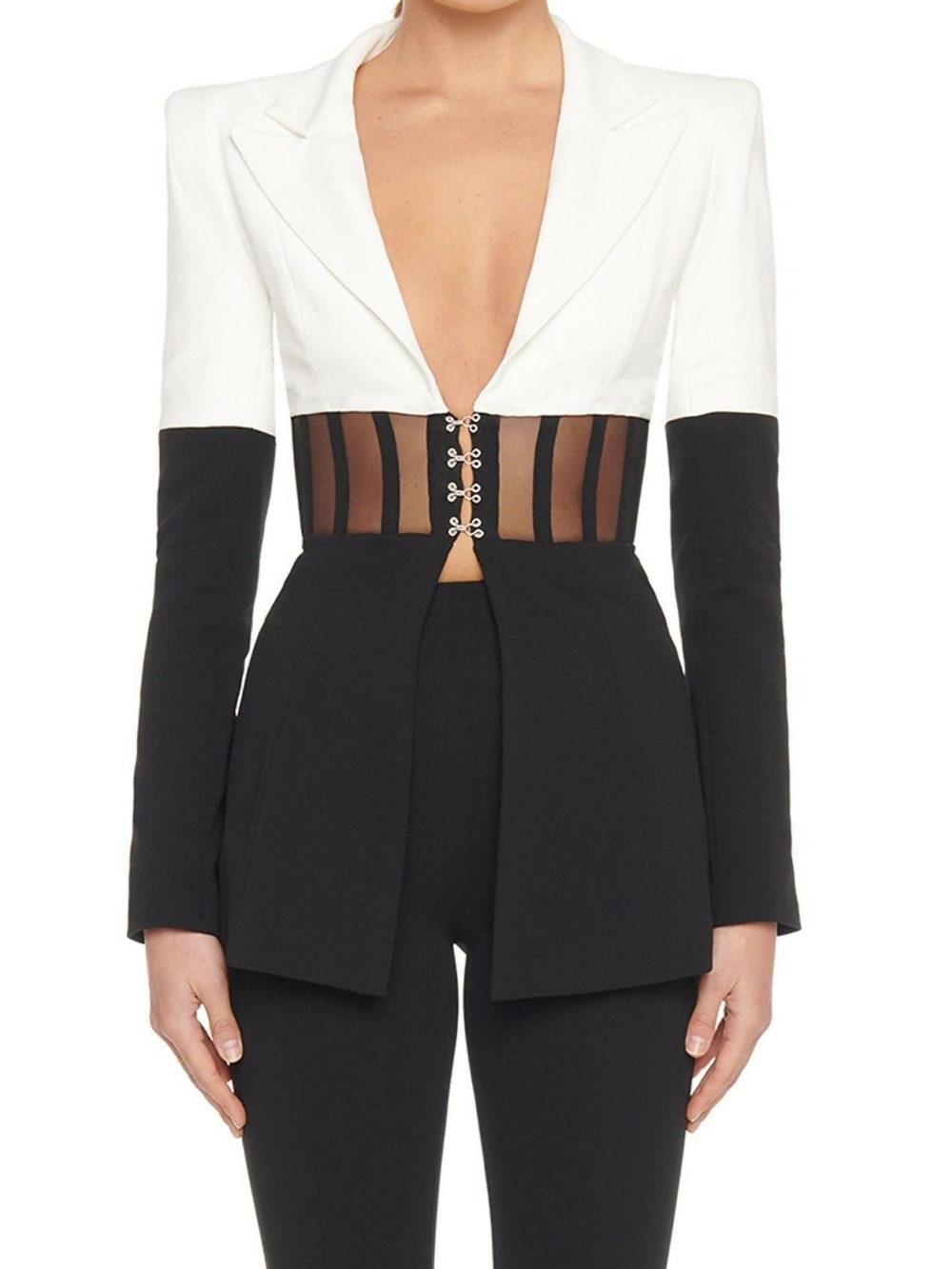 Two-Tone Deep V Corset Blazer Jacket/Pants - Black & White